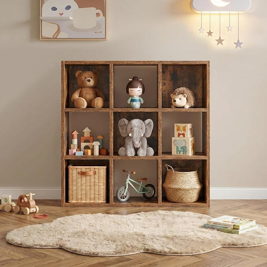 LUCKLIFE 9-Cube Storage Organizer, Stackable Modular Bookcase Shelf with Vertical or Horizontal Use, Fits 11×11" Bins, Optional Back Panels, for Living Room, Office, Vintage Brown