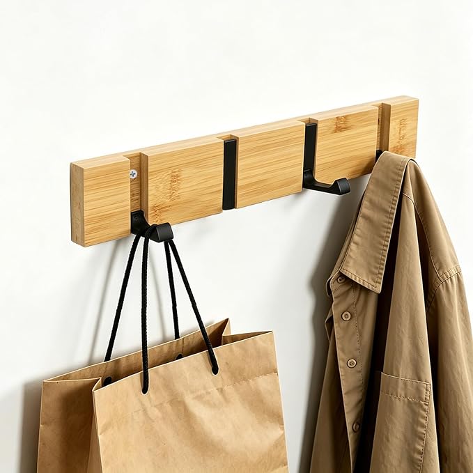 Wall Mounted Coat Rack, Heavy Duty Folding Coat Hooks Wood Retractable Wall Hooks for Hanging Purse Clothes Keys, Towel Hooks Rack for Bathroom Wall Coat Hanger for Entryway (4 Hooks,Nature)