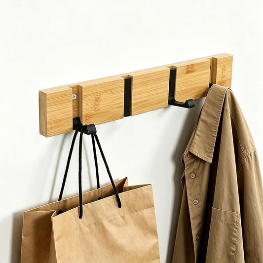 Wall Mounted Coat Rack, Heavy Duty Folding Coat Hooks Wood Retractable Wall Hooks for Hanging Purse Clothes Keys, Towel Hooks Rack for Bathroom Wall Coat Hanger for Entryway (4 Hooks,Nature)