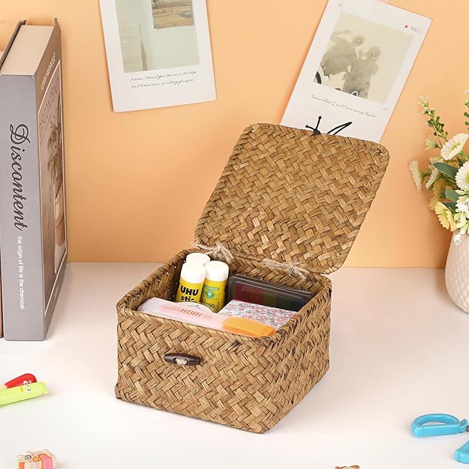 Hipiwe Wicker Shelf Basket Bin with Lid X-small Square Seagrass Storage Box | Handwoven Baskets Bin Boxes Multipurpose Household Organizer for Shelves Home Decor, Caramel Color