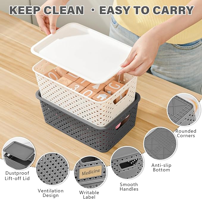 10 Pack Small Plastic Storage Bins with Lids, Stackable Plastic Storage Baskets for Organizing with Handles, Organizer Bins with Labels for Room, Craft, Containers for Pantry Organizers and Storage