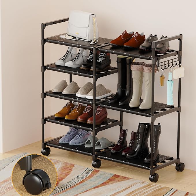 CSXGBAB Shoe Rack Organizer, 5-Tier Large Shoe Stand with Wheels Easy to Mobile Tall Shoe Storage Shelf for Closet, Entryway or Garage for 16–18 Pairs