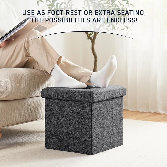 Ornavo Home 15 Inch Folding Storage Ottoman Cube, Tufted Linen, Dark Gray | Upholstered Cube with Lid; Foot Rest Stool; Ideal for Bedroom, Living Room or Entryway