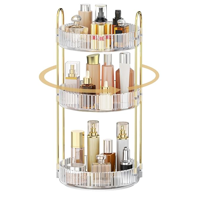 MOKANI 360 Rotating Makeup Organizer for Vanity, 3 Tier Perfume Organizer | Adjustable Multi-Function Spinning Cosmetics Skincare Storage for Bedroom, Dresser, Countertop, Clear