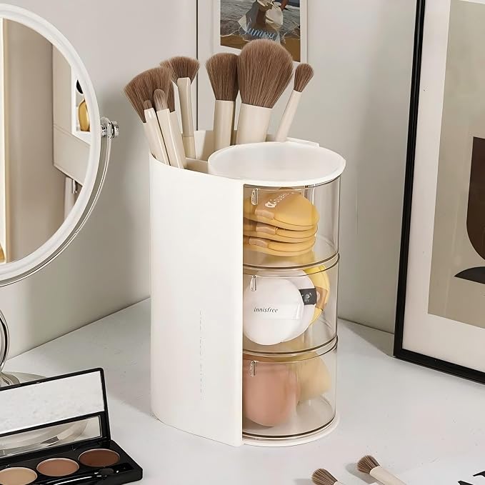 Azurphoric Hair Accessories Organizer with Hair Brush Holder(White,3-Layer) | Rotatable Makeup Brush Holder for Necklaces, Earring, Bracelet, Ring, Makeup Brushes, Hair Clip and Hair Accessories