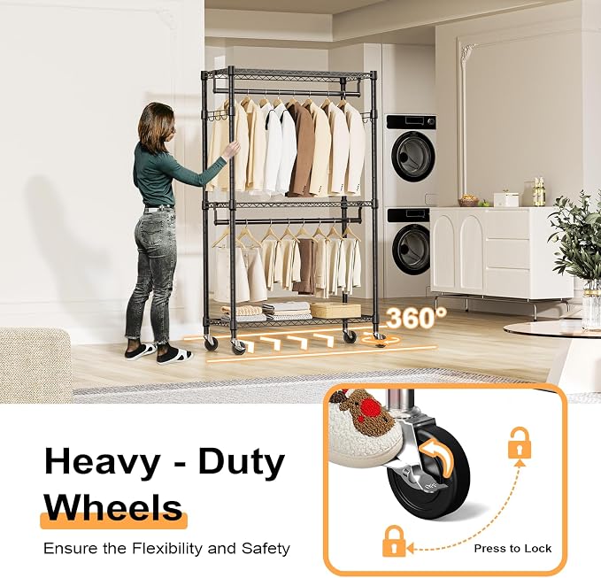 M MZG Heavy Duty Rolling Garment Rack 3 Tiers Adjustable Wire Shelving Clothes Rack with 2 Rods and Side Hooks,Storage Closet Clothing Rack with Wheels Black 15.7" D x 29.5" W x 74.5" H