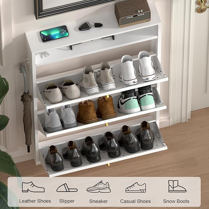 Front Door Shoe Storage, Hanging Shoe Rack with Drawers, 3-Tier Flip-Down Shoe Storage Cabinet for Entryway, Hallway, Narrow Behind the Door Shoe Cabinet, Space-Saving, White