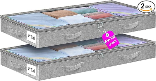 punemi 4 inch High Soft Low Profile Under Bed Storage Bins, 2 Pack, Grey | Foldable Clothes Storage Bag with Zippers & Clear Top, Shallow Design for Under Cabinet, Sofa, Crib & Bed Storage