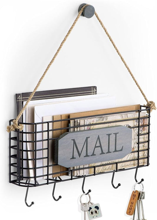 SRIWATANA Mail Organizer Wall Mount, 5 Key Hooks, Large, Weathered Grey | Mail Holder Key Holder for Wall, Hanging Mail Sorter, Letter Basket for Receipts Bills Envelopes, Home & Office Organizer