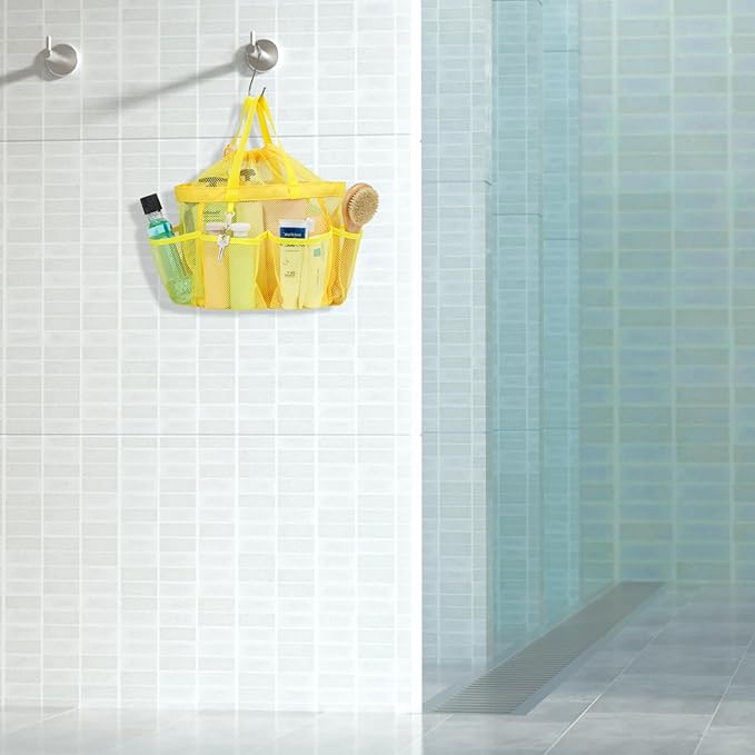 Mesh Shower Caddy Portable with Drawstring - 2-Handle Shower Bag for Dorm | 8 Deep Pockets, S-Hook, Quick-Dry Mesh, College Dorm Room Essentials for Girls, Camping, Gym, Travel, Yellow