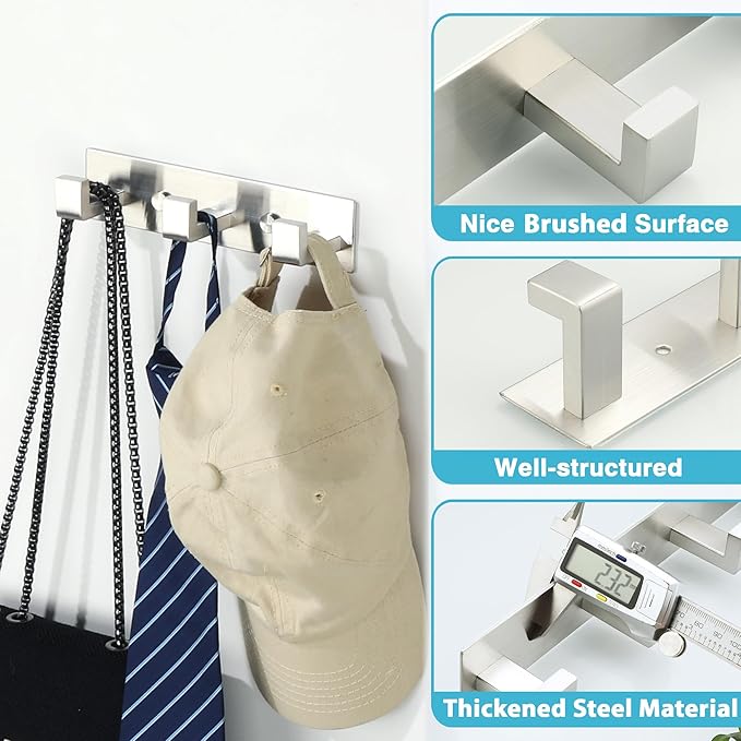 Alise Coat Hook Wall Mount Hat and Coat Rack 3 Hooks Wall Mount,Brushed | Key Hooks for Robes,Bags,Keys,and Towels,SUS304 Stainless Steel Wall Hooks for Hanging,Self Adhesive or Drilling