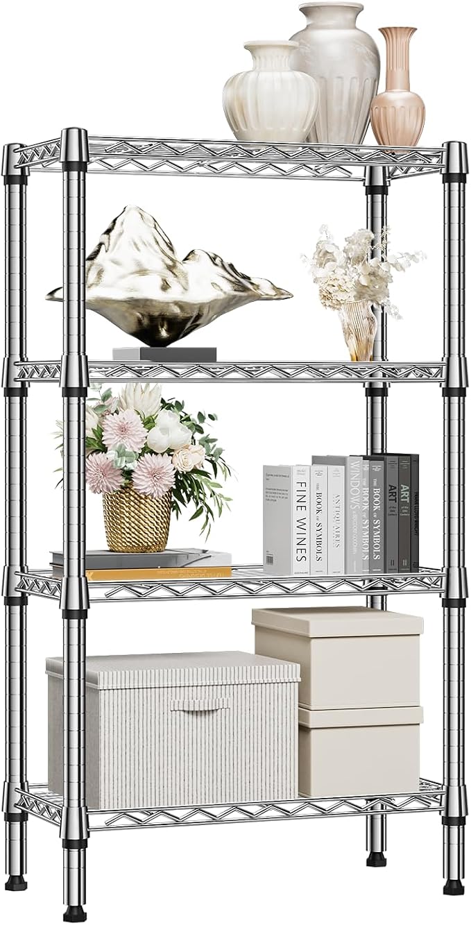 M MZG 1000 lbs 4 Tier Shelf Metal Storage Shelves Wire Rack Closet Organizers for Garage Kitchen Bathroom Laundry Chrome 11.8" D x 25.6" W x 45.5" H