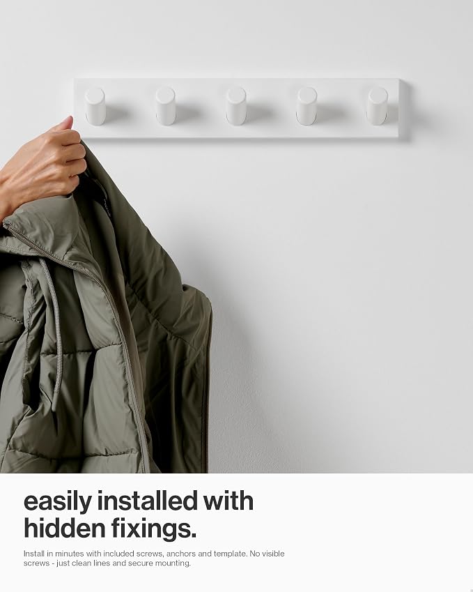 LARHN Wall Mounted Coat Rack, White with 5 Heavy-Duty 1" Diameter Hooks | 16.5" - Wall Hook Rack - Modern Scandinavian Home Decor