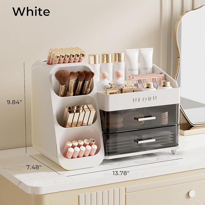 UFORU Makeup Organizer Countertop with Brush Holder for Vanity Bathroom | Large Capacity, Thickened Plastic, 2 Clear Drawers, Compact Size, Detachable Brush Holder, Divided Compartments, Easy Access