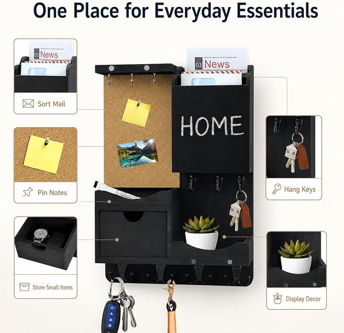 Key Holder Wall Mount, Mail Organizer Key Holder for Wall with Shelf, Drawer, Chalkboard, Corkboard, Home Decor Mounted for Room Entryway (Black)