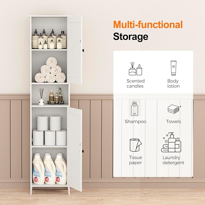 Homleke Tall Bathroom Storage Cabinet with 2 Doors, Slim Bathroom Cabinet | Narrow Storage Cabinet with Adjustable Shelves, Anti-Tip Design, Reversible Door, Easy Assembly, White, 15.7''W