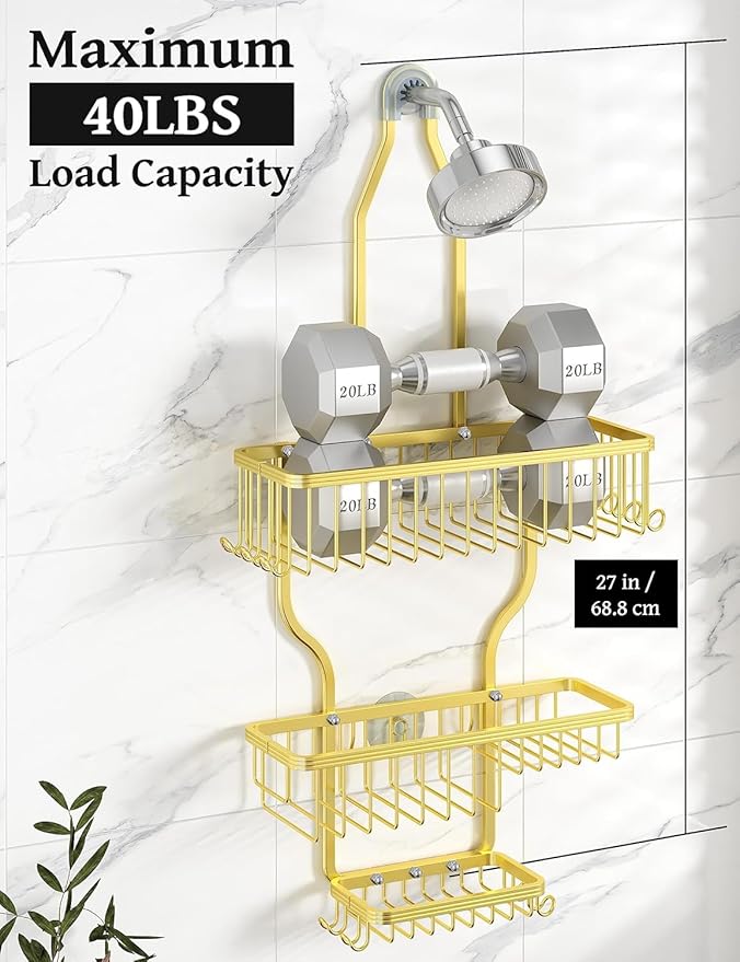 YASONIC Never Rust Shower Caddy Hanging, Aluminum Shower Racks for Inside Shower, 3-Tier Shower Organizer Hanging Over Shower Head with Hooks and Soap Holder, Gold