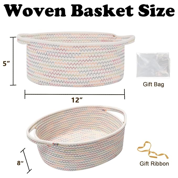 Small Woven Rope Basket,Baby Gift Basket with Bag & Ribbon | Cotton rope with handle, 12x8x5 in, gift bag and ribbon, for baby shower, birthday, toy storage, nursery, shelf decor