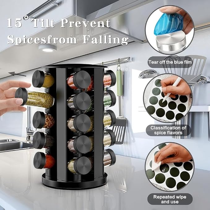Handisen Rotating Spice Rack Organizer for Cabinet, Spice Racks Storage with 20 Jars, Spinning Spice rack for Kitchen Countertop, Spice Holder,Seasoing Storage Racks, Black