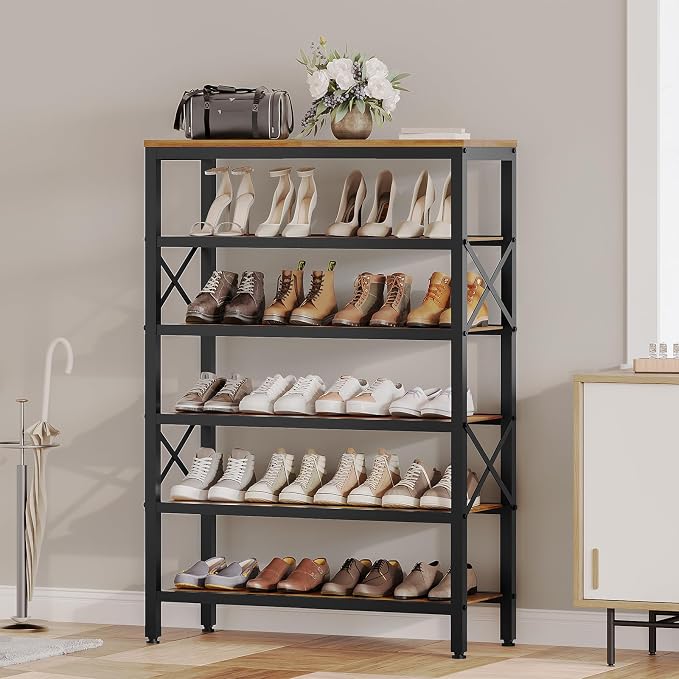 6-Tier Tall Shoe Rack Organizer, Wooden Shoe Storage for Closet Holds 24 Pairs, Sturdy Shoe Shelf with X-Shaped Metal Support, for Entryway, Bedroom, Rustic Brown and Black SS206BR