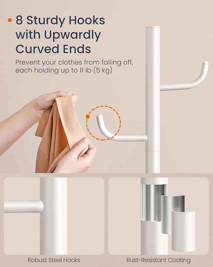 SONGMICS HOME Cactus-Shaped Coat Rack, Freestanding Coat Tree, Coat Hanger Stand with 8 Sturdy Hooks, with Curved Ends, for Clothes, Hats, Bags, Cloud White URCR039W01