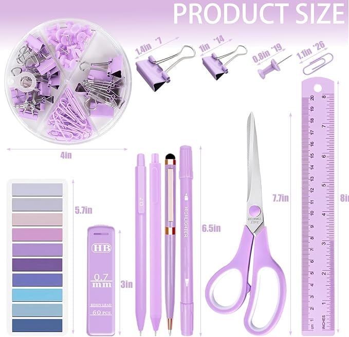 16Pcs Purple Desk Accessories- Purple Office Supplies with Stapler, Tape Dispenser, Pen Holder, Staple Remover, Hole Punch, Paper Clips, Pens, Cute Desk Set for Office Home School Women Students Gift