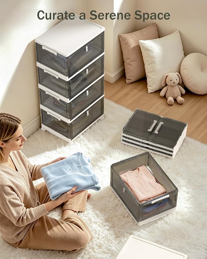 23QT Stackable Storage Bins with Lids and Wheels, 4 Tier 92QT Foldable Plastic Storage Drawers with Magnetic Doors, 4 Pack Collapsible Closet Organizer for Bedroom Office, Clear Gray