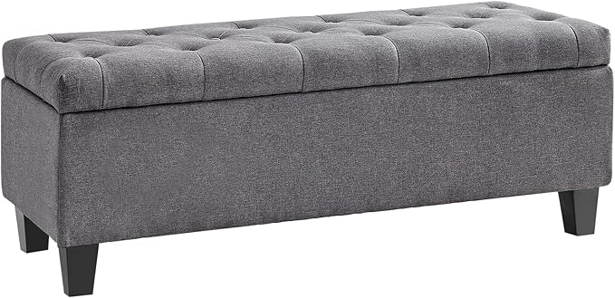 Redlife 42" Storage Ottoman Bench, End of Bed Storage Bench,330 LBS Load | Button Tufted Fabric , Solid Wood Leg, Safety Hinge, Ottoman with Storage for Bedroom Living Room Entryway, Gray