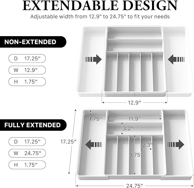 Simple Houseware Expandable Kitchen Drawer Flatware Organizer, White | Expandable & Adjustable Cutlery Drawer Organizer - Large Utensil and Flatware Tray for Kitchen Drawers