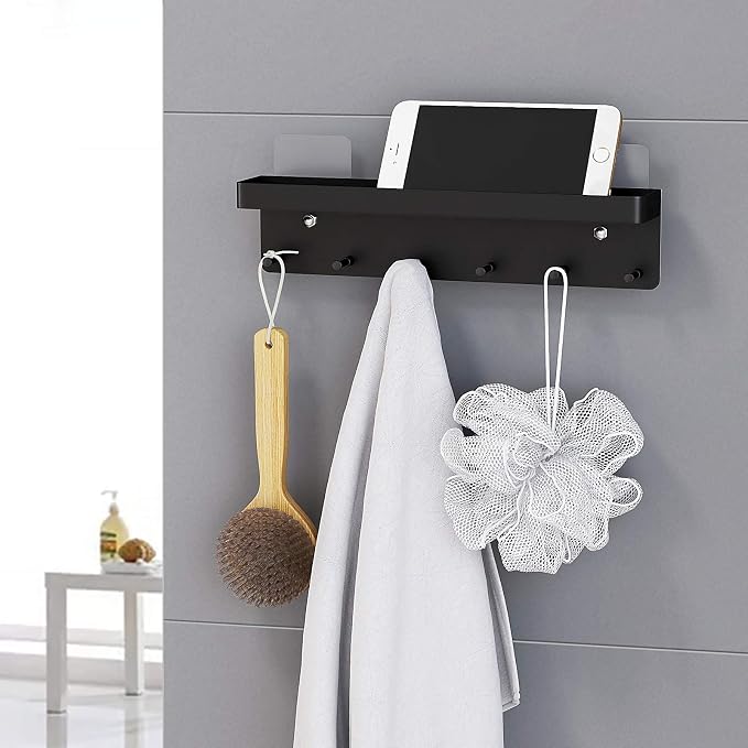 MKO Key Holder Wall Mount, Key Holder Wall Mount Adhesive with Mail Organizer Tray with 6 Key Hooks for Wall, Black | Metal Material, Key Rack with Shelf, Mail Organizer Tray for Entryway, Hallway, Living Room