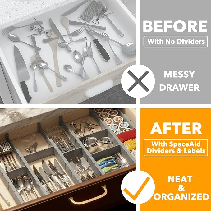 SpaceAid Bamboo Drawer Dividers with Inserts and Labels, Kitchen Adjustable Drawer Organizers, Expandable Organization for Home, Office, Dressers, 7 Dividers with 15 Inserts (17"-22" Gray)