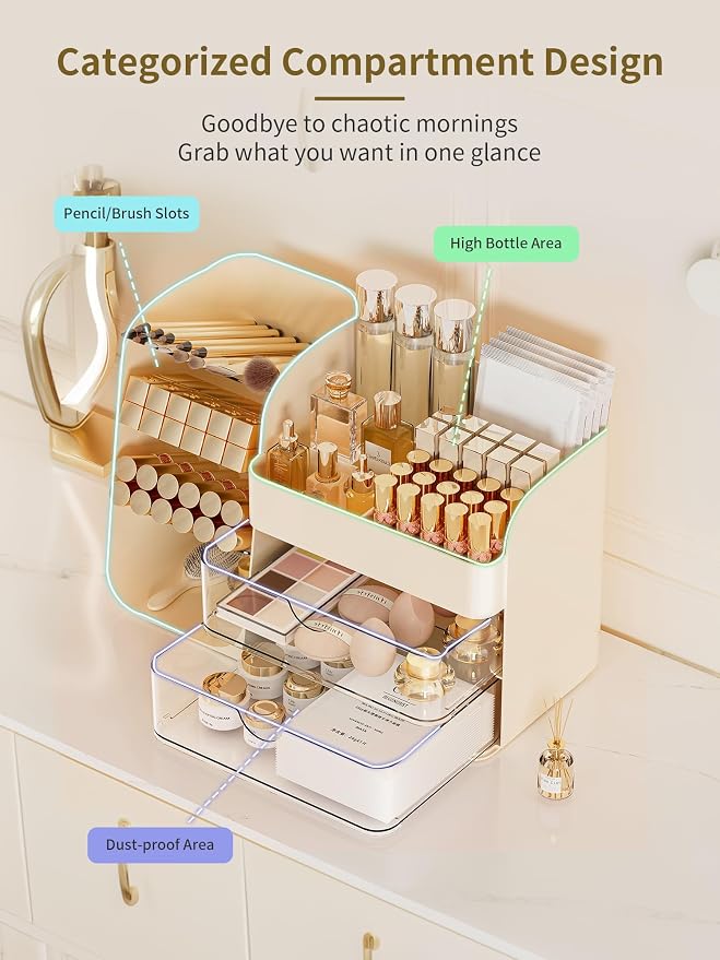 Booklov Small Makeup Organizer for Vanity Countertop, Cream | Clear Acrylic Cosmetic Display Case, Beauty Brush Holder for Bathroom Counter, Make Up Skincare Lipsticks Storage