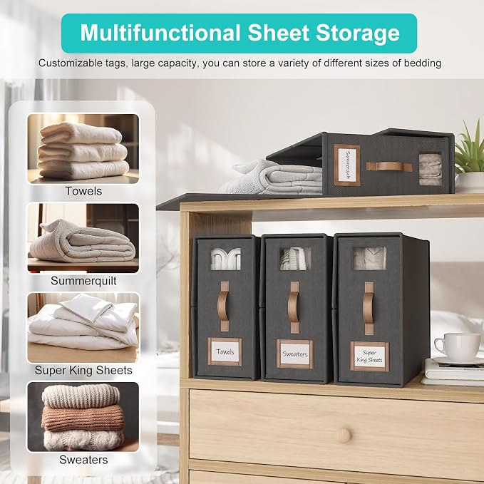 4 Pack Foldable Bed Sheets Set Organizers and Storage(Cal King Size),Linen Fabric Closet Organizers with Window,Folding Bedding Storage Box for Bedsheets and Pillow Cube Organizer-Black