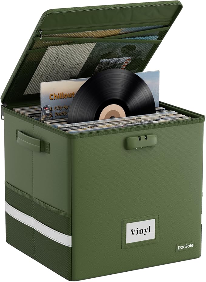 DocSafe Vinyl Record Storage Box with Lock, Fireproof＆Water Resistant Record Organizer for 100+ Single Records(12-inch), Collapsible Storage Crate with Lid&Handles for Valuable Album Collection,Green
