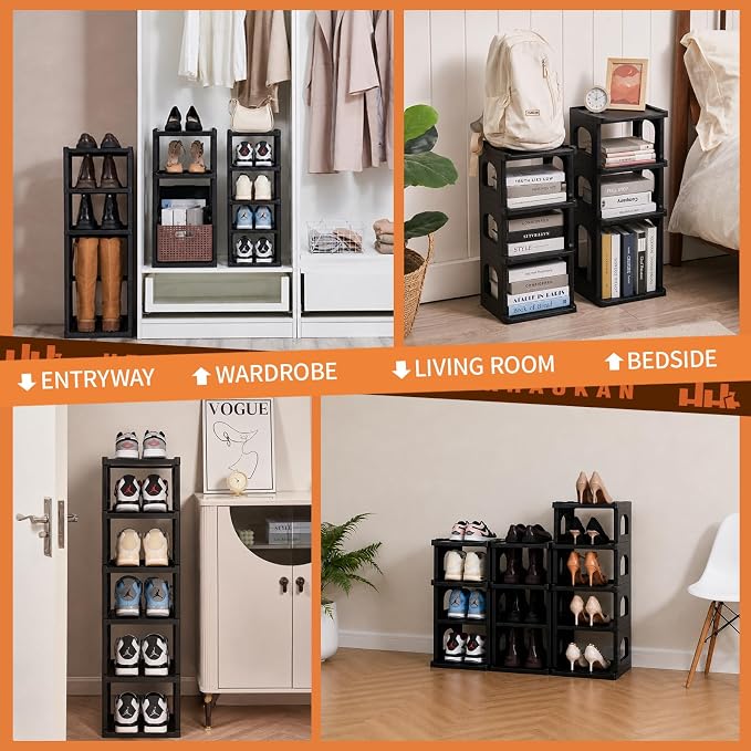 5 Tiers Vertical Shoe Rack for Closet Narrow Shoe Holder Storage Organizer, Plastic Free Standing Shoe Rack Shelf for Entryway Stackable Stability DIY, Black