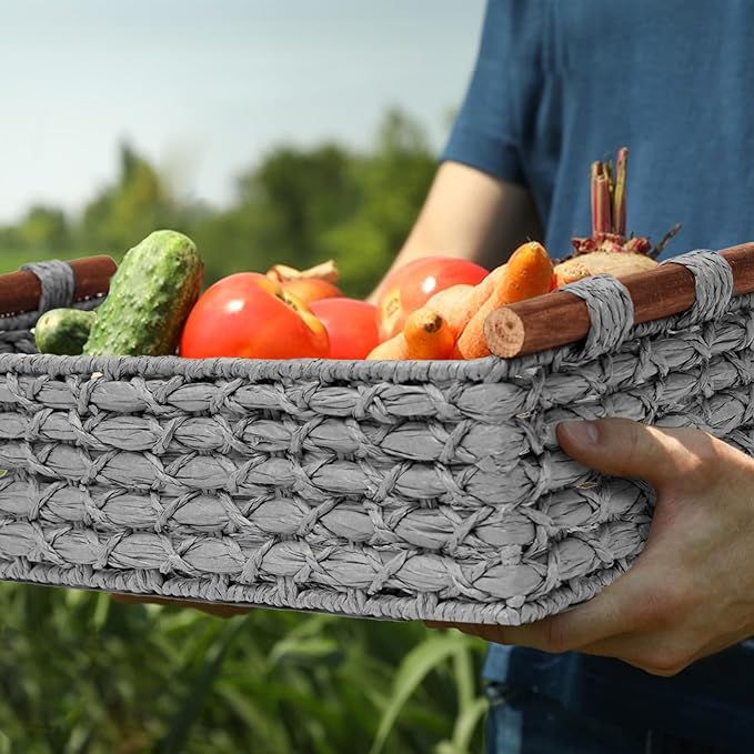 Small Storage Basket Wicker Baskets for Organizing with Handle Decorative Storage Bin for Countertop Toilet Paper Basket for Toilet Tank Top Small Baskets,Light Grey