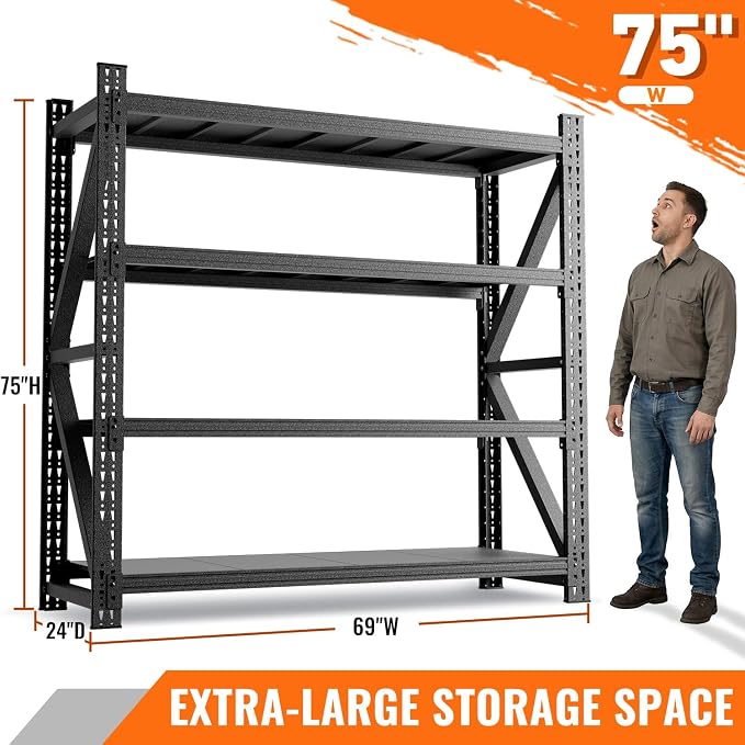 6000LBS 4 Tier Garage Storage Shelves, Heavy Duty Adjustable Storage Rack for Warehouse, Basement, Shop and Office, Commercial-Grade Steel Organizer, 75" W x 24" D x 69" H