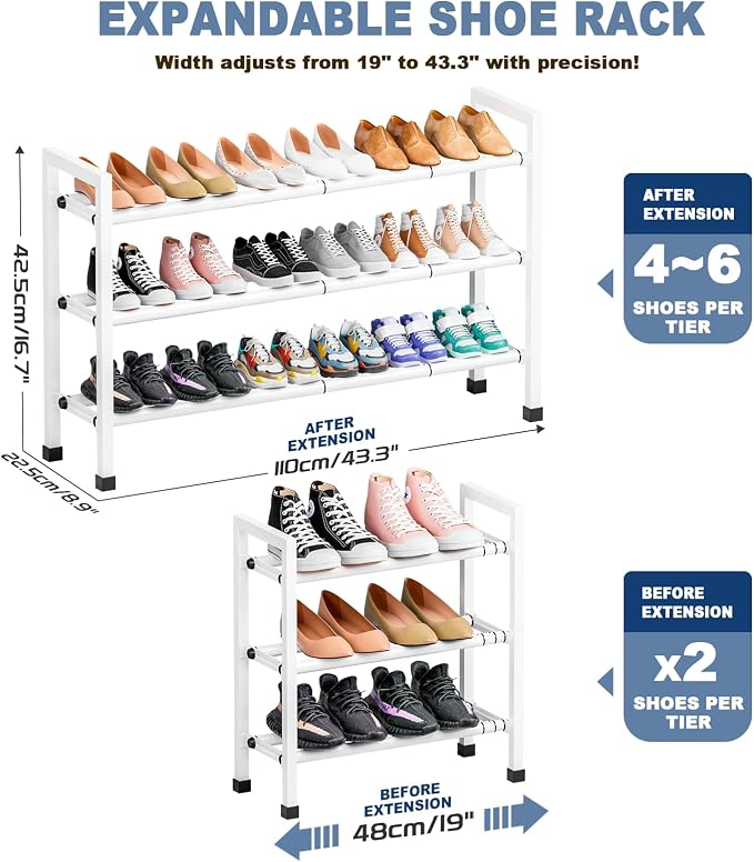 Mavivegue 3-Tier 19"-43.3" Adjustable Shoe Rack for Closet,Expandable Shoe Rack, Hall Entryway,Front Door,Garage, Sturdy Steel Space-Saving Rack, White