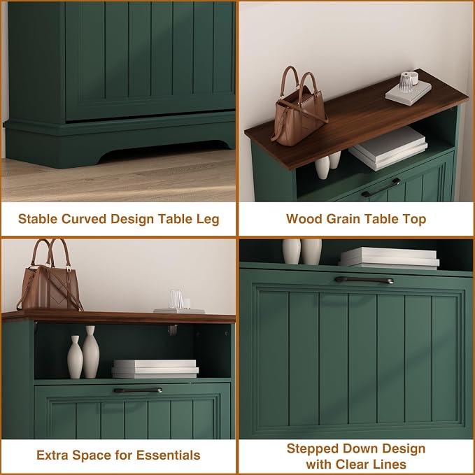 24" W Hidden Shoe Storage Cabinet with 2 Flip Drawers & Open Storage | Farmhouse Modern Shoes Rack Cabinet,Adjustable Shelves, Narrow Slim Shoes Organizer for Front Door Entrance, Entryway,Green