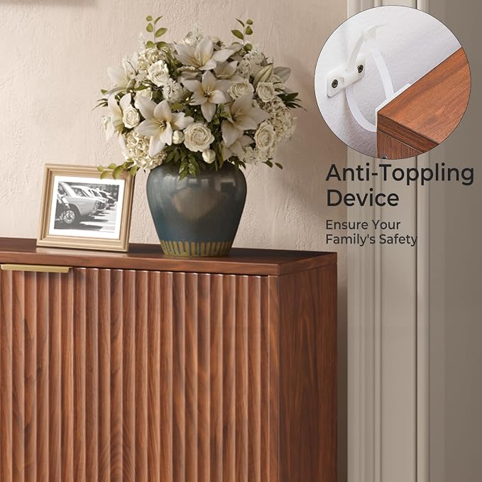 Hootata 47.2''W Walnut Shoe Storage Cabinet for Entryway with 4 Flip Drawers, Fluted Slim Shoe Cabinet, Free Standing Wooden Shoes Organizer for Foyer, Hallway