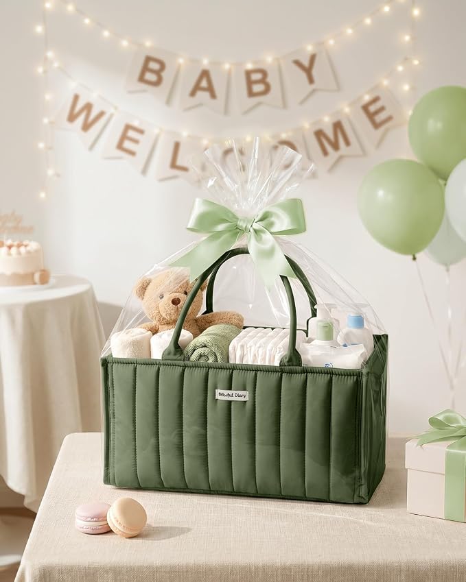 Blissful Diary Baby Diaper Caddy Organizer, Stylish Storage Basket for Newborn Essentials and Diaper Station, Gift for Baby Shower and Registry Must-Have, Deep Green