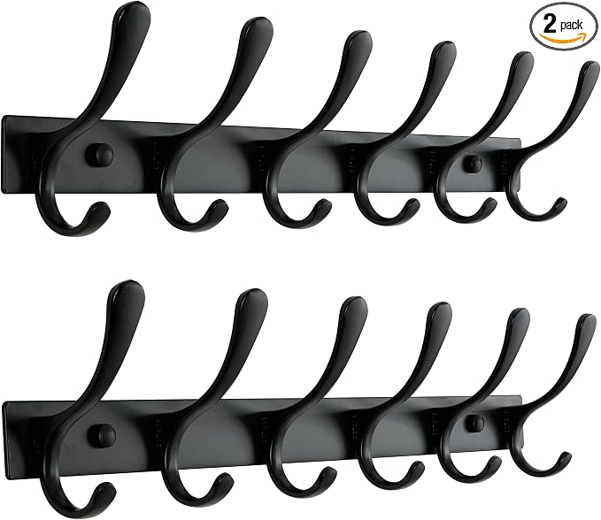 SKOLOO Heavy Duty Wall Mounted Coat Rack - 6 Hooks, Stainless Steel, Pack of 2, Sturdy Coat Hooks for Hanging Clothes, Jacket, Hat, Black