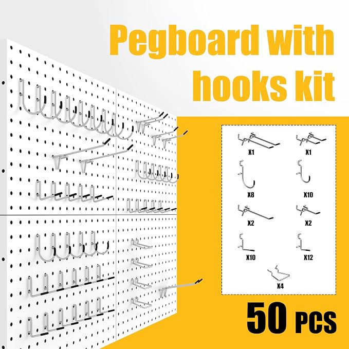 Spampur Peg Board, 4 Pack Metal Pegboard Panels with 50 Hooks | White Pegboards Wall Organizer, Heavy Duty Peg Board for Garage Tool Storage, Desk Office Organization, Craft Room, Kitchen