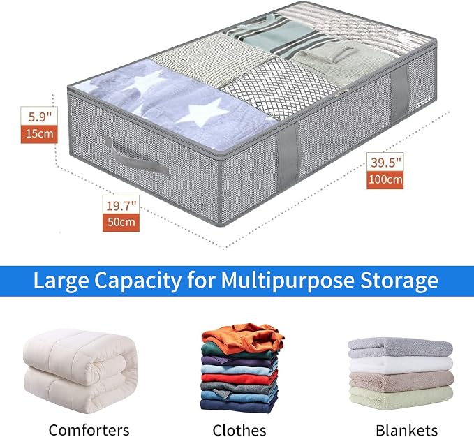 Onlyeasy Large Underbed Storage Bags Organizer Container (2 Pack) with 4 Handles and 2 Sturdy Zippers, Blankets Clothes Comforters Foldable Storage Bags with Clear Window, Herringbone Grey, MXRUBBP2