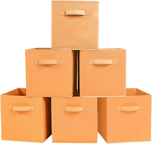PowerKing Collapsible Storage Cubes, Farbic Storage Bins, Orange, 6 Pack | Sturdy, Lightweight, Easy Pull Handle, Closet & Shelf Organizer, Clothes and Toys Storage, 10.5'' x 11'' x 10.5''