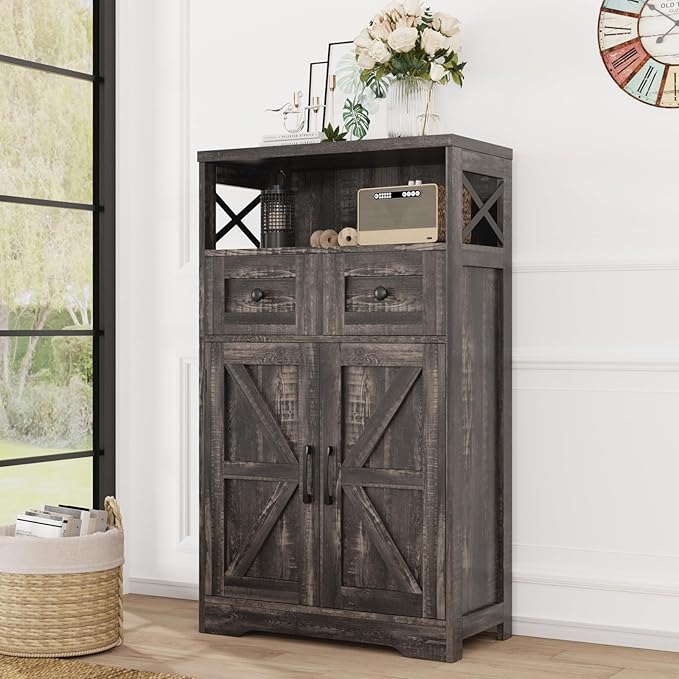 Farmhouse Accent Storage Cabinet with Drawers, Small Kitchen Pantry Cabinet | Coffee Bar Cabinet Cupboard, 2 Storage Drawers, 2 Barn Doors & Adjustable Shelves, for Kitchen/Entryway/Living Room/Bathroom