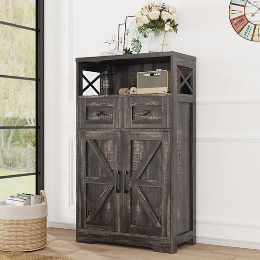 Farmhouse Accent Storage Cabinet with Drawers, Small Kitchen Pantry Cabinet | Coffee Bar Cabinet Cupboard, 2 Storage Drawers, 2 Barn Doors & Adjustable Shelves, for Kitchen/Entryway/Living Room/Bathroom
