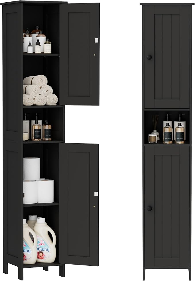 Homleke Tall Bathroom Storage Cabinet with 2 Doors, Slim Bathroom Cabinet | Narrow Storage Cabinet with Adjustable Shelves, Anti-Tip Design, Reversible Door, Easy Assembly, Black, 11.8''W
