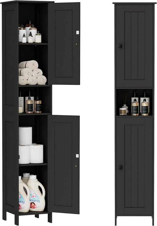 Homleke Tall Bathroom Storage Cabinet with 2 Doors, Slim Bathroom Cabinet | Narrow Storage Cabinet with Adjustable Shelves, Anti-Tip Design, Reversible Door, Easy Assembly, Black, 11.8''W