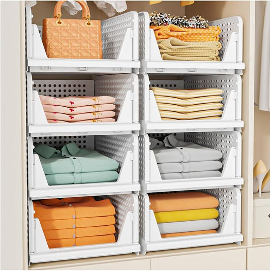 SNSLXH 5 Pack Stackable Closet Storage Basket, Multifunctional & Foldable Closet Organizer for Bathroom Kitchen Laundry Room Wardrobe Storage, Space-Saving Clothes Storage Drawer Organizer, White | 5 Pack Foldable Closet Storage Bins for Bathroom Laund...